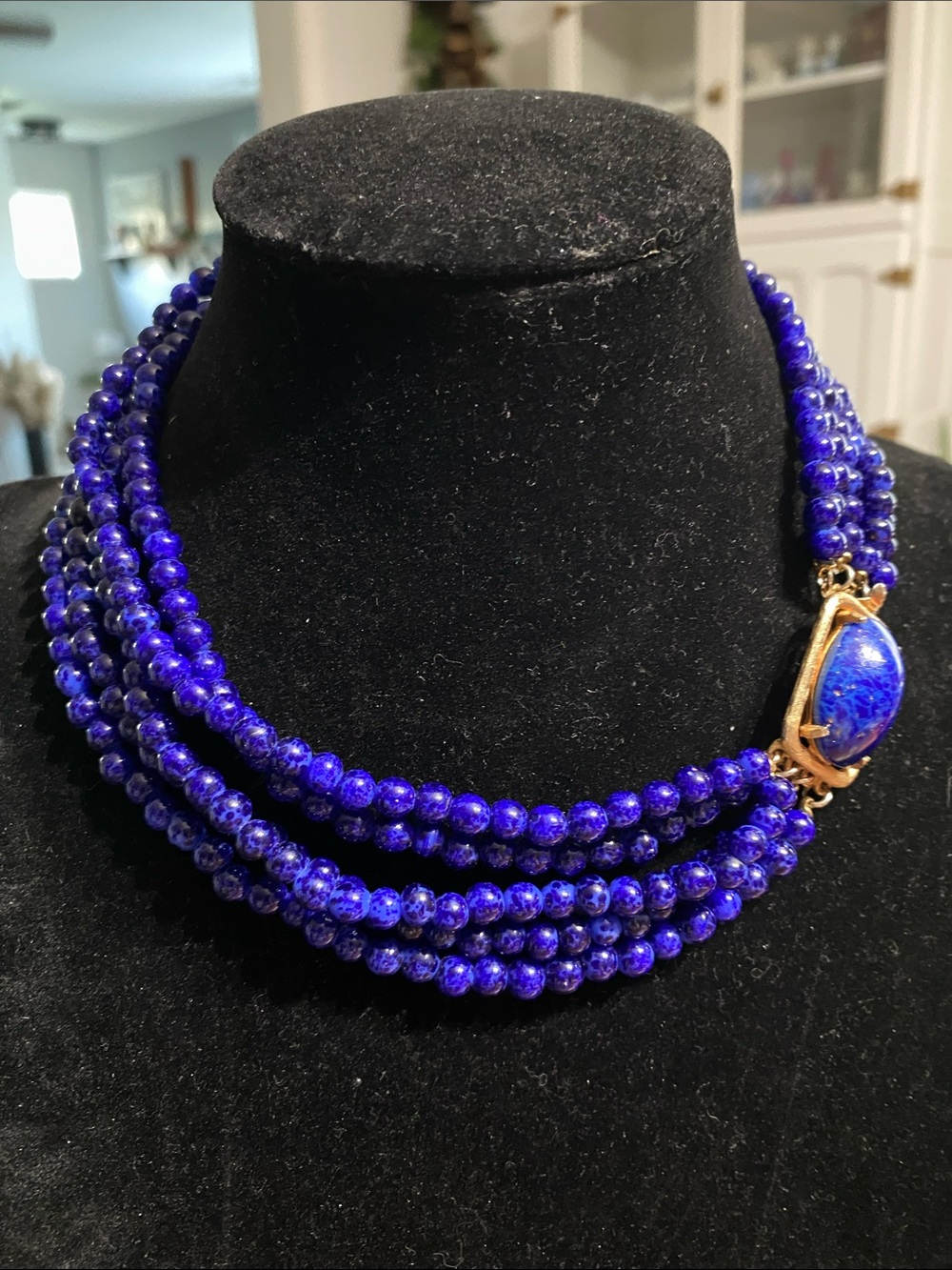 VTG Five-Strand Lapis Lazuli Necklace with Gold Lapis Cabochon Clasp